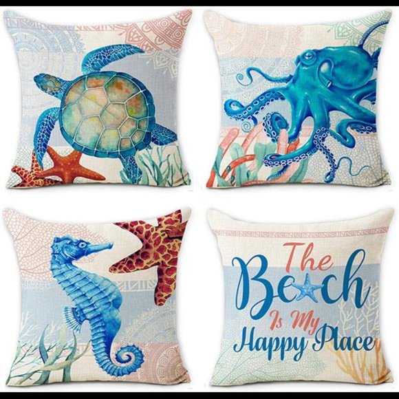 Set of 4 Ocean Theme Summer Pillow Covers 20 x 20 Inch  |  Blue Sea Turtle Beach - Picture 6 of 9